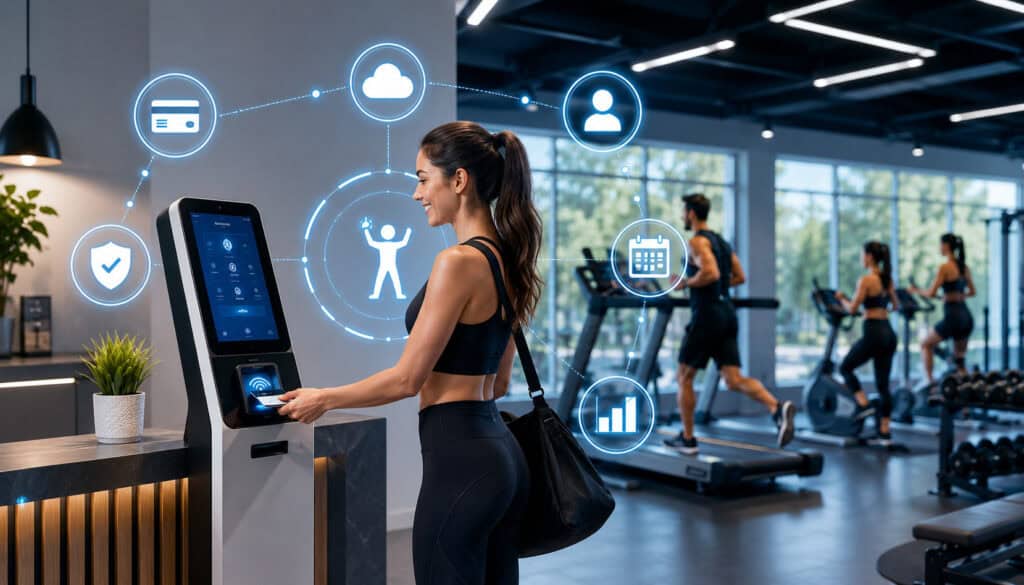 Automated gym payment kiosk in modern fitness center