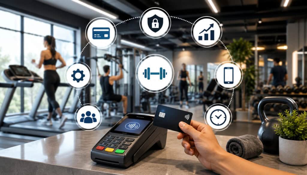 Modern gym with contactless payment terminal and digital payment icons