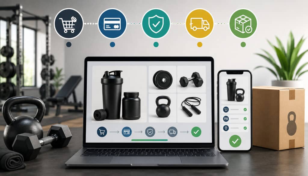 Gym ecommerce checkout on laptop and mobile with fitness equipment