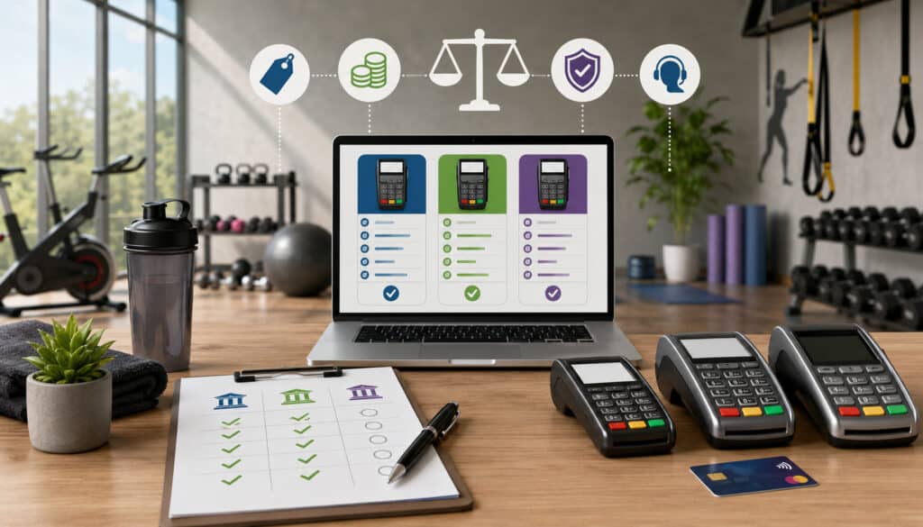 Fitness studio merchant account comparison illustration