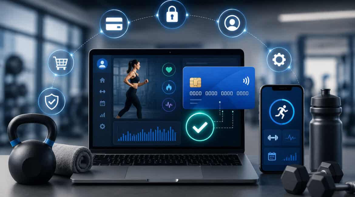 Fitness software with integrated credit card payment and workout tracking interface