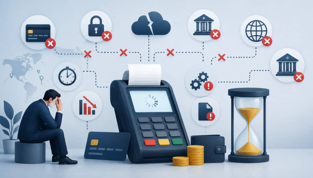 Traditional payment processing limitations illustration with POS errors and transaction delays