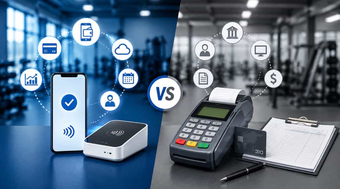 Modern vs traditional gym payment processing systems illustration