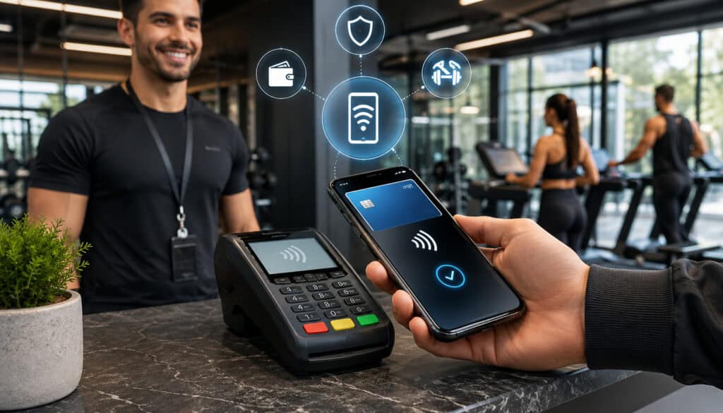 Mobile wallet payment at gym checkout counter