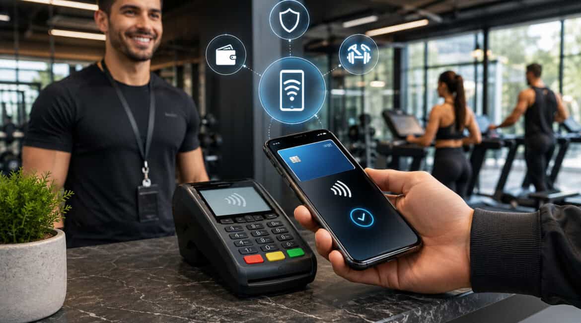 Mobile wallet payment at a fitness studio reception desk