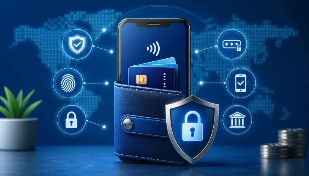 Secure mobile wallet payment illustration with cybersecurity icons