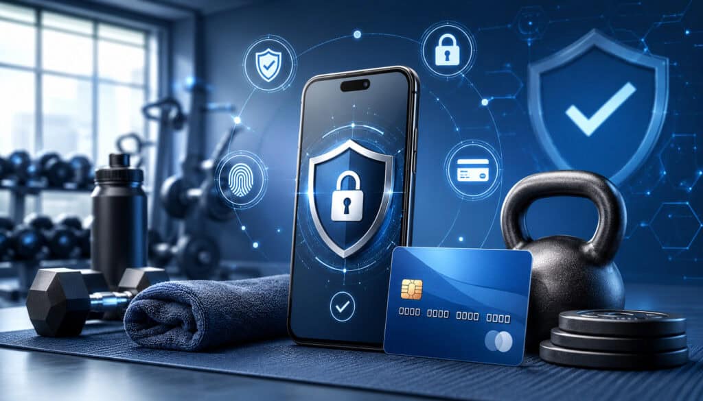 Secure fitness payment illustration with mobile security and gym background