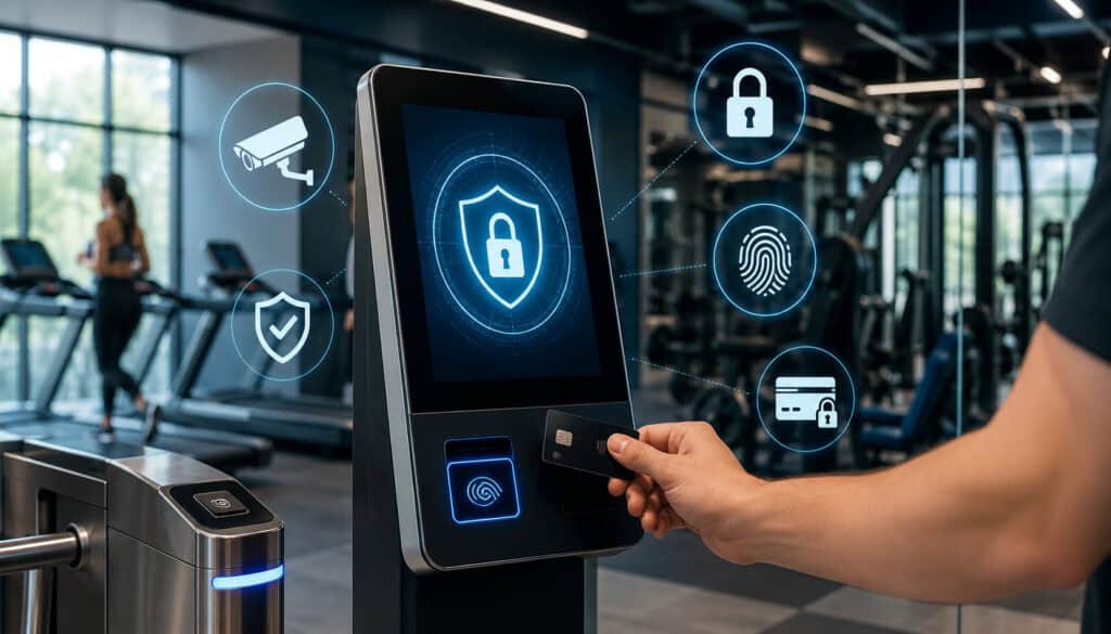 Secure gym payment kiosk with biometric access icons